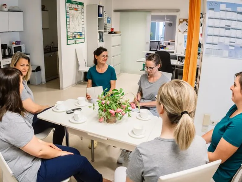 Sechs Mitarbeiterinnen in grauen und türkisfarbenen Oberteilen sitzen im Pausenraum an einem weißen Tisch mit Blumenstrauß und Kaffeetassen im Gespräch.